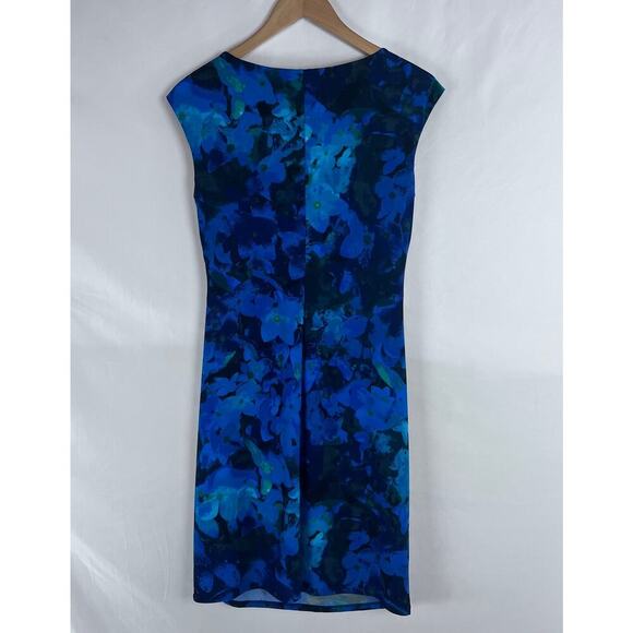 Ralph Lauren Womens 10 Blue Floral Cowl Drape Neck Side Ruched Sleeveless Dress - Picture 2 of 7